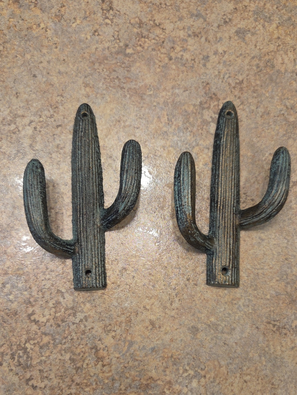 Rustic Cactus Wall Hooks - Distressed Teal Green Pair